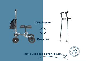 Image of a Knee scooter and a pair of crutches. A great duo.