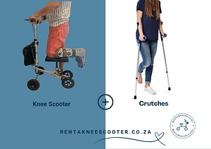 The knee scooter and crutches duo. Image of a person riding a Knee scooter with a person using crutches