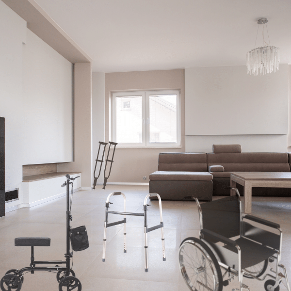 Range of equipment for non weight bearing after surgery. Displaying a knee scooter, walking frame, crutches and wheelchair